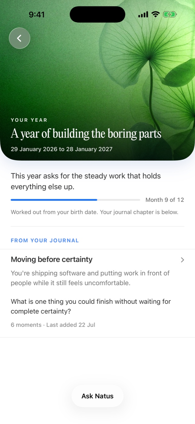 Natus chapters: your year, worked out from your birth date and your journal