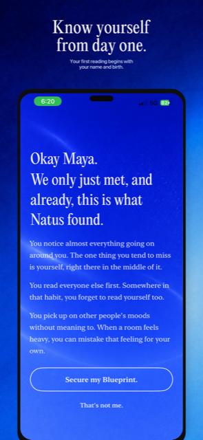 Natus app screen: know yourself from day one