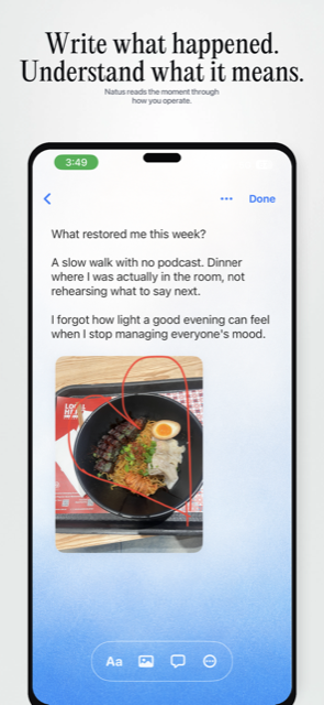 Natus app screen: write and understand